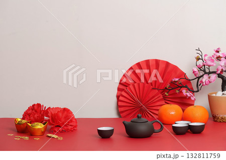 Elegant Background with Teapot and Oranges for Lunar New Year 132811759