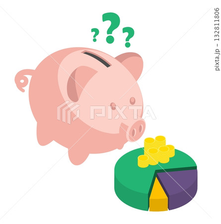 Isometric piggy bank looks at remaining budget in bewilderment and tries to distribute it in the necessary proportions. Isolated cartoon vector concept on white background top view 132811806