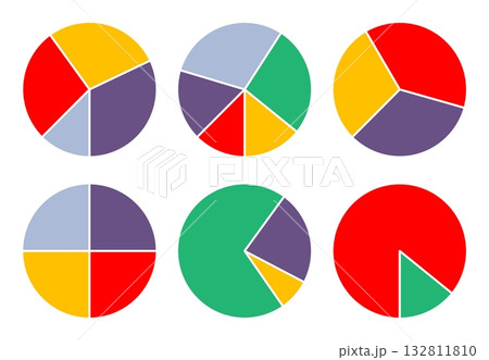 Set of multi colored pie charts, asset percentage charts. Simple flat vector set isolated on white background Set of multi colored pie charts, asset percentage charts. Simple flat vector set isolated on white background 132811810