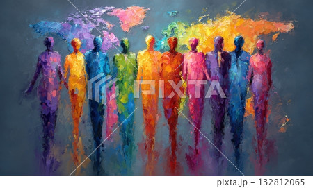 A group of colorful, abstract figures stands together against a vibrant world map. 132812065