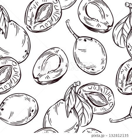 Seamless vector pattern of plums, half plums and prunes. All objects are hand-drawn in ink and converted into vector. The pattern is suitable for kitchen textile design, printing on paper and fabric. Seamless vector pattern of plums, half plums and prunes. All objects are hand-drawn in ink and converted into vector. The pattern is suitable for kitchen textile design, printing on paper and fabric. 132812135