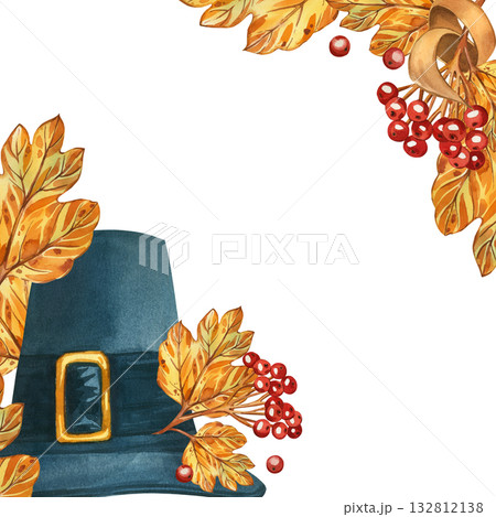 Thanksgiving Day. Pilgrim's hat with viburnum berries, yellow autumn leaves in a square frame, all objects are hand-painted in watercolor. For printing on fabric, paper, for postcards and invitations. 132812138