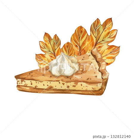 Pumpkin pie with whipped cream and yellow autumn leaves. All objects are hand-painted in watercolor. Watercolor Composition for Printing on Food Packaging, Cards. High quality illustration. Pumpkin pie with whipped cream and yellow autumn leaves. All objects are hand-painted in watercolor. Watercolor Composition for Printing on Food Packaging, Cards. High quality illustration. 132812140