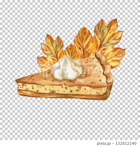Pumpkin pie with whipped cream and yellow autumn leaves. All objects are hand-painted in watercolor. Watercolor Composition for Printing on Food Packaging, Cards. High quality illustration. Pumpkin pie with whipped cream and yellow autumn leaves. All objects are hand-painted in watercolor. Watercolor Composition for Printing on Food Packaging, Cards. High quality illustration. 132812140