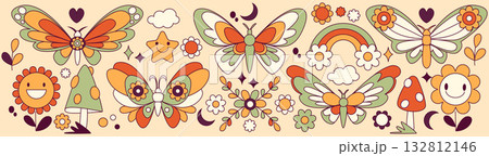 Groovy retro butterfly and flower collection Groovy retro butterfly and flower collection 132812146