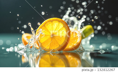 High-speed capture of orange and lemon slices colliding with water, splash, shallow depth of field. High-speed capture of orange and lemon slices colliding with water, splash, shallow depth of field. 132812267