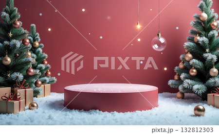 Christmas background with cylindrical podium for promotions. Stage pedestal or platform in snow between Xmas trees. 132812303