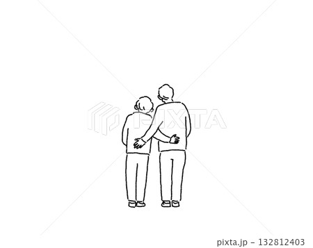 寄り添う高齢男性、女性の後ろ姿、線画 132812403