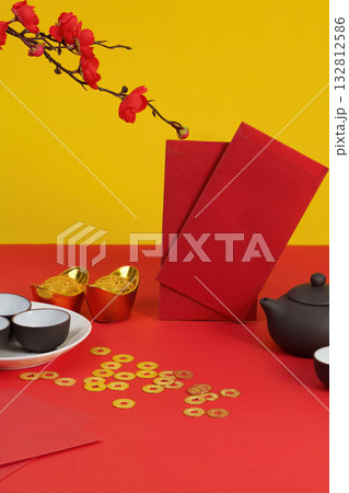 Chinese New Year Decor with Tea Set and Gold Coins 132812586