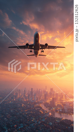 Sunset airplane city skyline evening flight over urban river with glowing clouds, dramatic warm light and aerial perspective 132812626