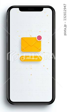 Yellow envelope notification on smartphone screen with user interface element and subtle dots conveying message alert and anticipation 132812947