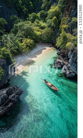 Turquoise water tropical beach longtail boat limestone cliffs palm tree secluded cove Turquoise water tropical beach longtail boat limestone cliffs palm tree secluded cove 132812980