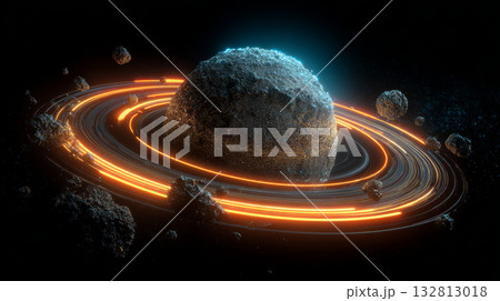 Rocky planet with glowing orange rings and...のイラスト素材 [132813018] - PIXTA