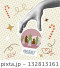 Christmas card with gentle festive atmosphere. Halftone hand holding pink snow globe with fir trees, 132813161