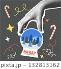 Christmas card with retro holiday design. Abstract seasonal composition with halftone hand holding 132813162
