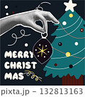 Christmas card with square design. Festive xmas vector template showing halftone hand holding dark 132813163