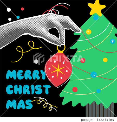 Christmas card with square vector design. Festive xmas illustration, green tree with yellow star and 132813165