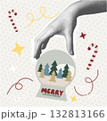 Christmas card with traditional festive design. Abstract winter composition of halftone hand holding 132813166