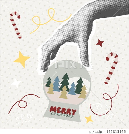 Christmas card with traditional festive design. Abstract winter composition of halftone hand holding 132813166