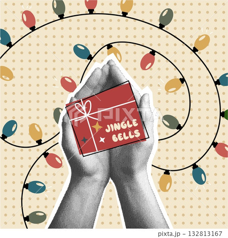 Christmas card, abstract festive holiday square shape illustration with seasonal hand hold gift, 132813167