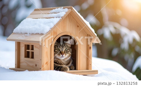 Cozy cat enjoying the warmth of its wooden house on a snowy winter afternoon 132813258