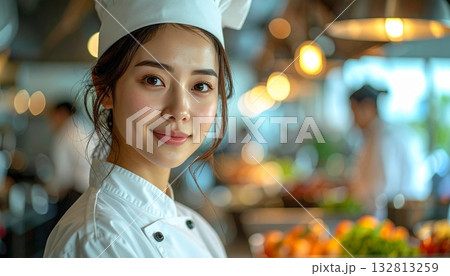 Professional chef in a bustling restaurant kitchen preparing fresh ingredients during dinner service in a modern setting Professional chef in a bustling restaurant kitchen preparing fresh ingredients during dinner service in a modern setting 132813259