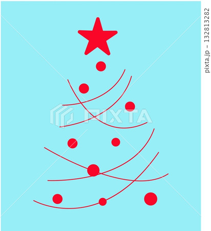 Modern trendy style Christmas tree in red color on blue background. Simple abstract minimalistic 132813282