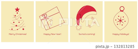 Merry Christmas and Happy New Year card designs set in modern trendy simple style. Posters, 132813285