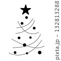 Minimal black Christmas tree design with curved lines and circular ornaments topped with a black 132813288