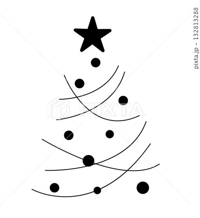 Minimal black Christmas tree design with curved lines and circular ornaments topped with a black 132813288