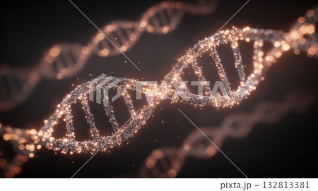 Twinkling DNA strands create a beautiful visual of genetics. The scene highlights the double helix structure shining with sparkling light, showcasing the complexity of life at a molecular level. 132813381
