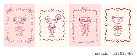 Whimsical cocktails with bow in coquette frame, hand draw vector illustrations set, doodle for bride party invitation 132813469