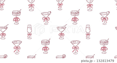 Seamless repeating pattern with whimsical cocktails, hand drawn modern background, allover girly print 132813479