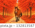 紅葉の道を歩く馬の秋風景 132813587