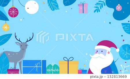 サンタとトナカイが囲むカラフルで楽しいクリスマスフレーム素材 132813669