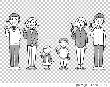 指向的手指，三代家庭成員，全身（單色）向量圖 132813934