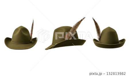 Traditional green hunting fedora hat with a feather from three angles isolated on white 132813982