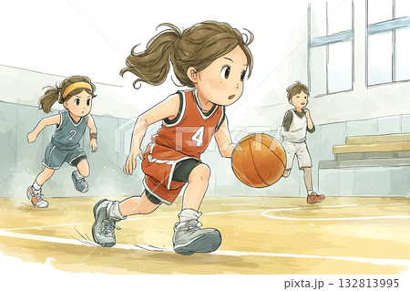 美優シリーズ：バスケットボールでドリブルする女子選手 132813995