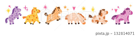 Cute horse kids 2026 New Year symbol print set, hand drawn childish cartoon naive pony illustration. 132814071