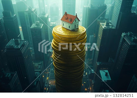 高層ビルの中に積み上げられた金貨、その上に建っている一戸建ての家 132814251