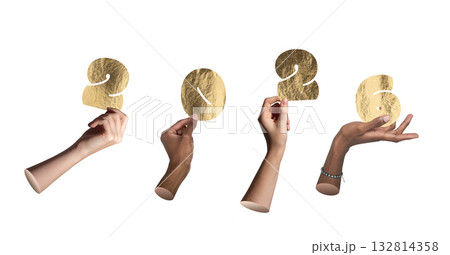 2026 new year celebration concept. Multiethnic people holding shiny golden numbers with metallic 132814358