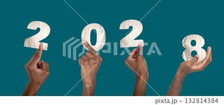 2028 new year celebration concept. Hand with raised fingers holding number collage, black skin wrist 132814384