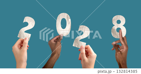 2028 new year celebration concept. Multiethnic group raising hands forming numbers and letters, 2028 new year celebration concept. Multiethnic group raising hands forming numbers and letters, 132814385