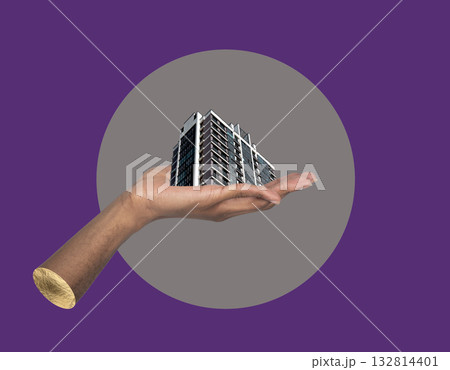 Building in hand construction concept. African American male holding modern high rise apartment Building in hand construction concept. African American male holding modern high rise apartment 132814401