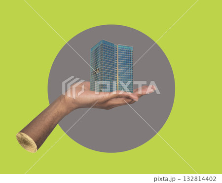 Building in hand corporate vision. African American male holding modern glass skyscraper collage, 132814402