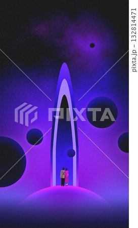 Surreal collage. Couple standing before futuristic glowing gate in cosmic violet landscape 132814471
