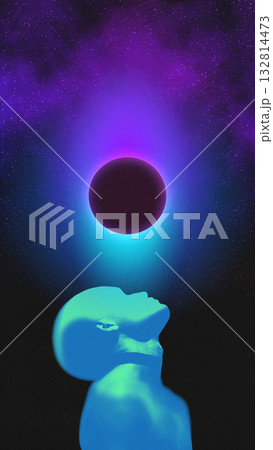 Abstract collage with human silhouette gazing at glowing planet in deep violet cosmic light Abstract collage with human silhouette gazing at glowing planet in deep violet cosmic light 132814473