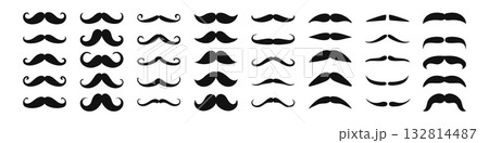 Mustache. Black silhouettes hipster mustache. Flat men whisker icons. Variation mustache styles, symbols, facial hair. Gentleman look. Barbershop elements. Vector set Mustache. Black silhouettes hipster mustache. Flat men whisker icons. Variation mustache styles, symbols, facial hair. Gentleman look. Barbershop elements. Vector set 132814487