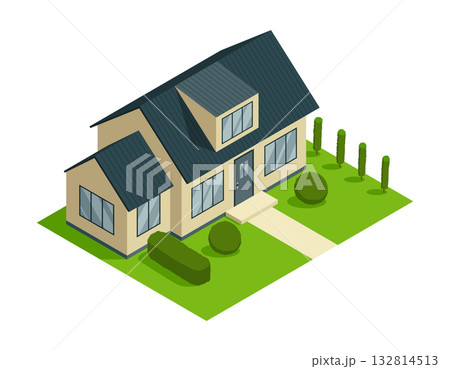 Isometric cottage icon. Suburb house composition with lawn vector illustration. Infographic element representing suburban building. Private house enterprises of real estate 132814513