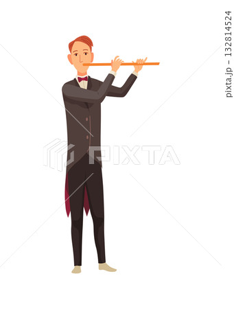 A distinguished man in an elegant tuxedo is skillfully playing a flute A distinguished man in an elegant tuxedo is skillfully playing a flute 132814524